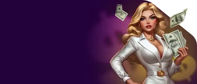Banner bonus Highroller Spinmama Casino cu femeie în costum alb și bancnote